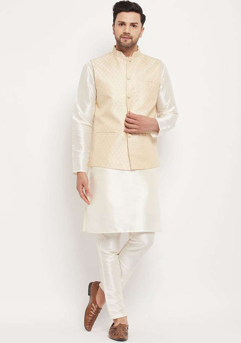 Off White Solid Poly Blend Kurta Set For Men - Indya