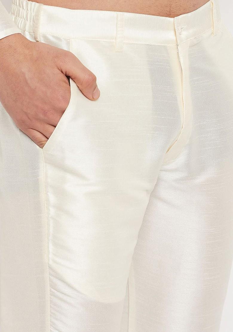 Off White Solid Poly Blend Kurta Set For Men