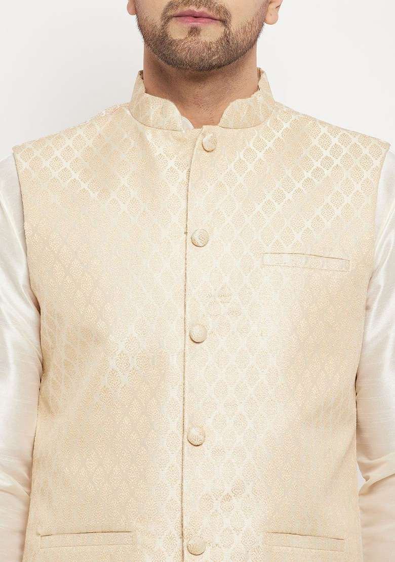 Off White Solid Poly Blend Kurta Set For Men - Indya
