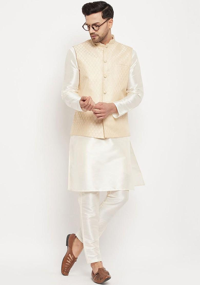 Off White Solid Poly Blend Kurta Set For Men