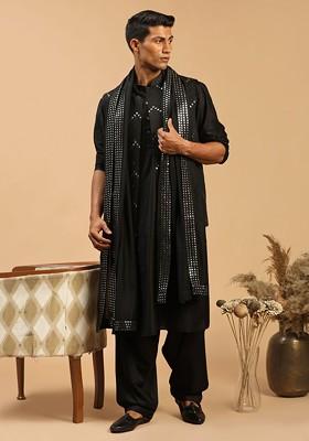 Black Mirror Work Poly Blend Kurta Set For Men