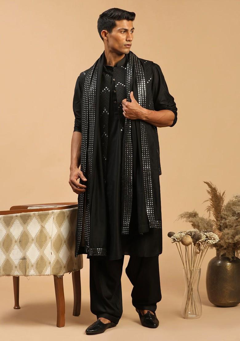 Black Mirror Work Poly Blend Kurta Set For Men