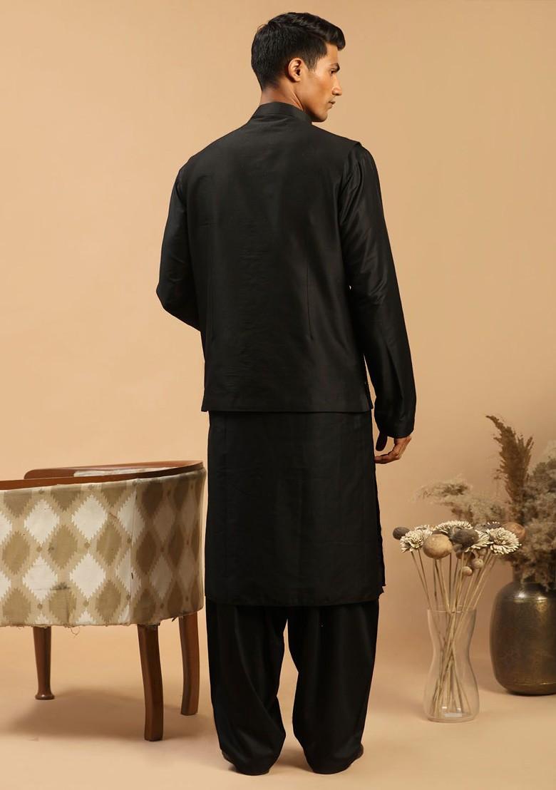 Black Mirror Work Poly Blend Kurta Set For Men