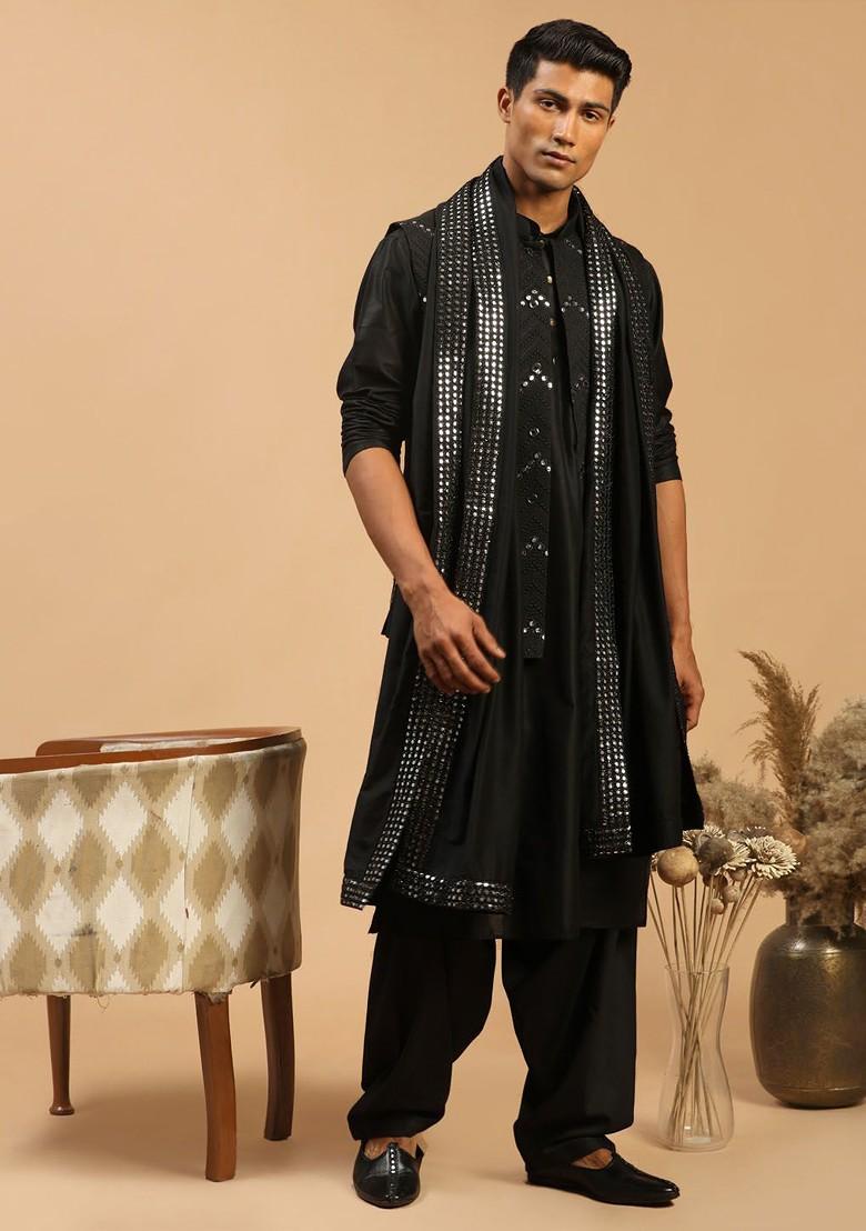 Black Mirror Work Poly Blend Kurta Set For Men