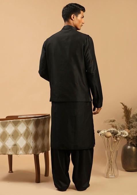 Black Mirror Work Poly Blend Kurta Set For Men