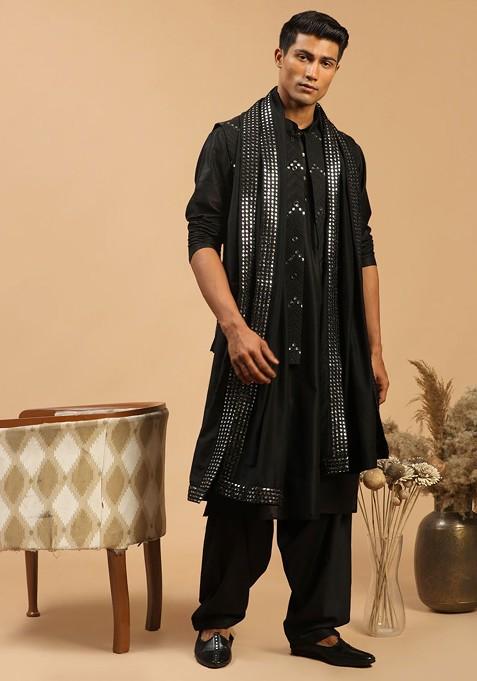 Black Mirror Work Poly Blend Kurta Set For Men