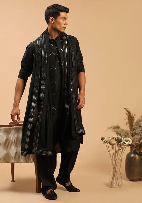 Black Mirror Work Poly Blend Kurta Set For Men