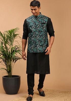 Black Printed Poly Blend Kurta Set For Men