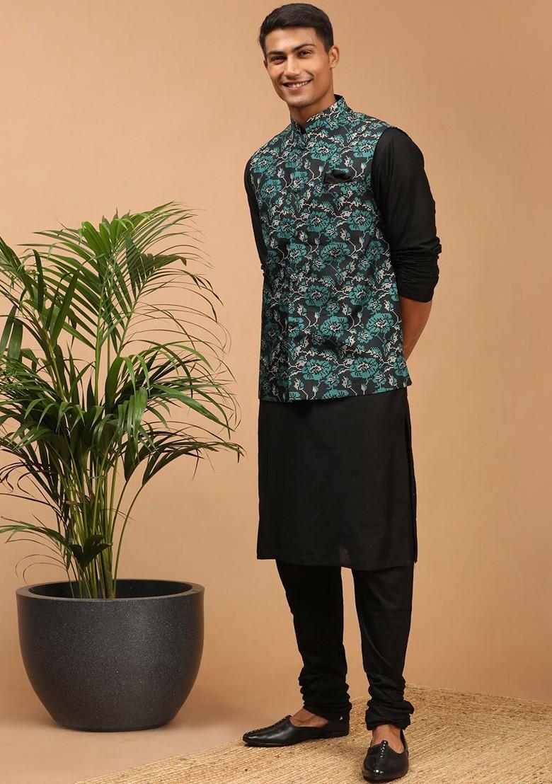 Black Printed Poly Blend Kurta Set For Men