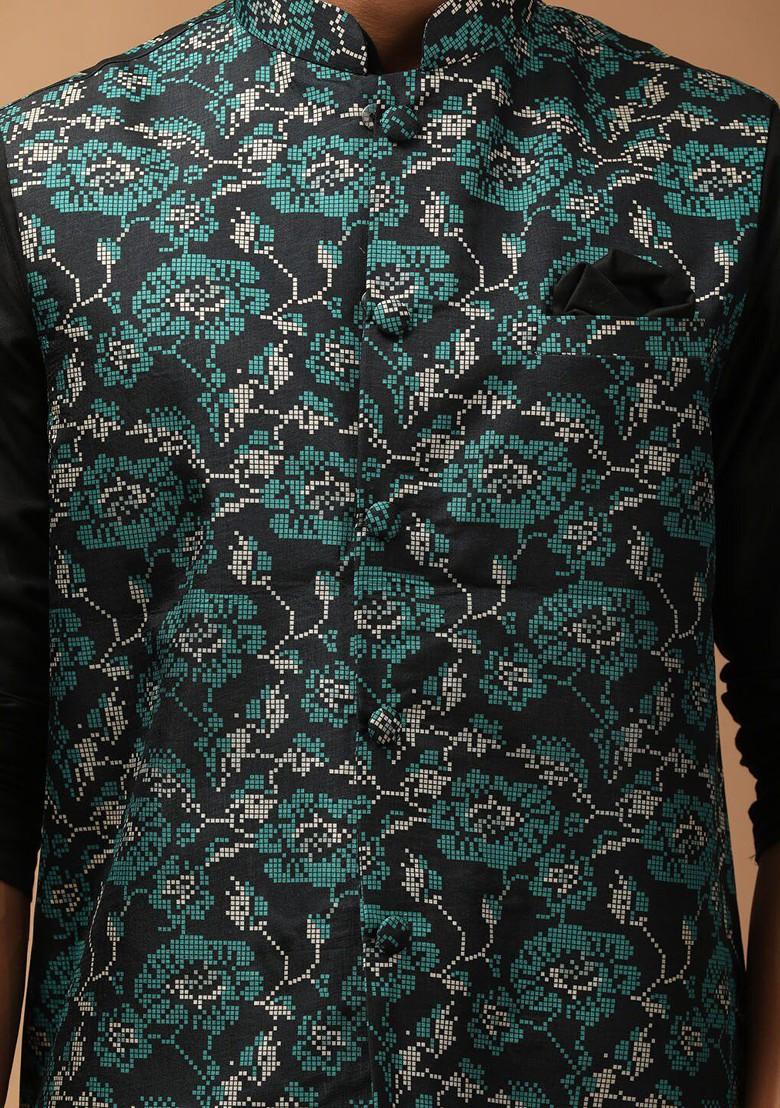 Black Printed Poly Blend Kurta Set For Men