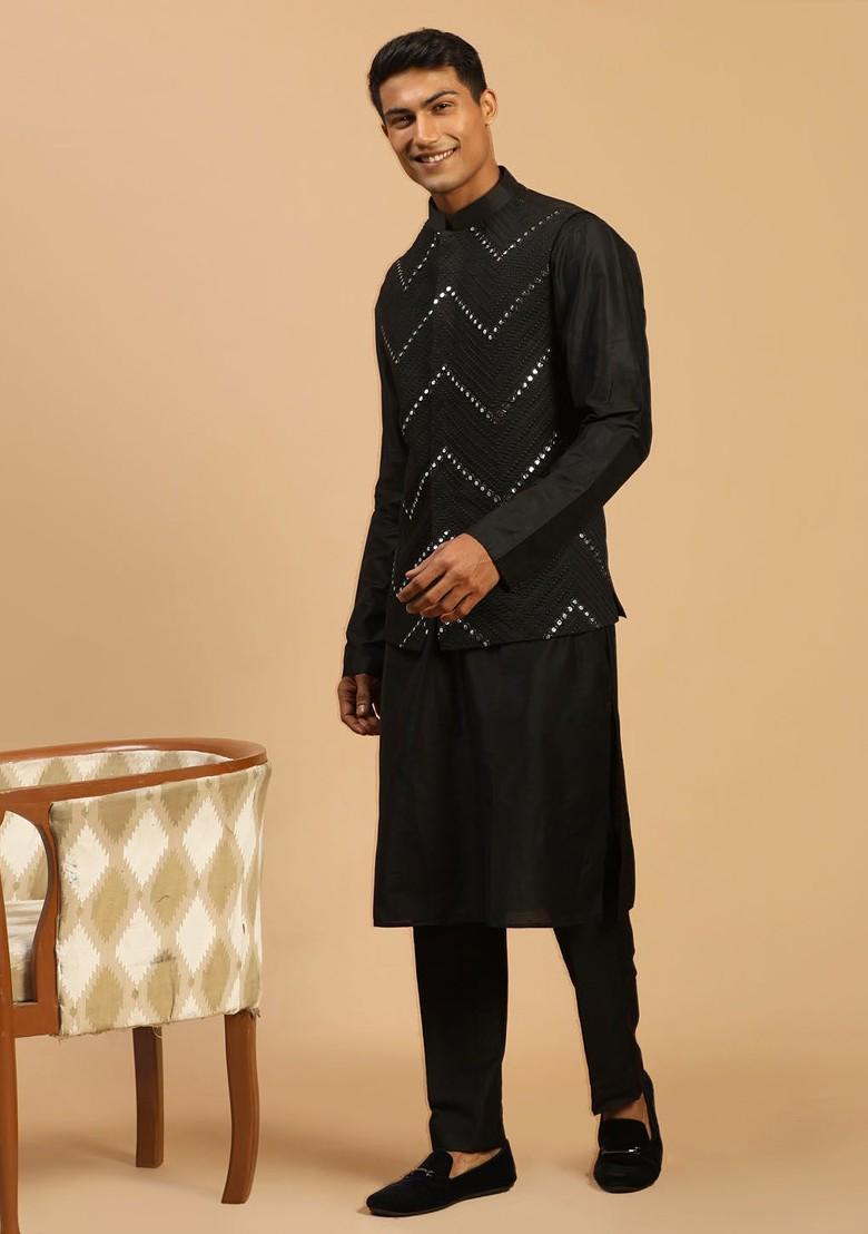 Black Mirror Work Poly Blend Kurta Set For Men