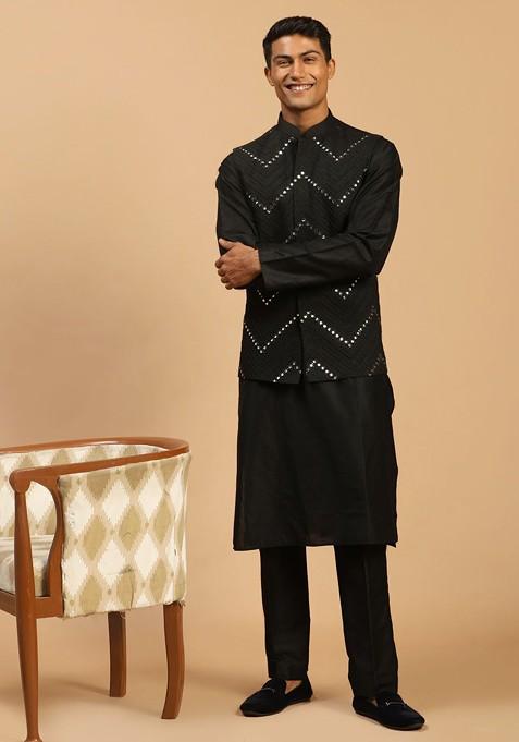 Black Mirror Work Poly Blend Kurta Set For Men
