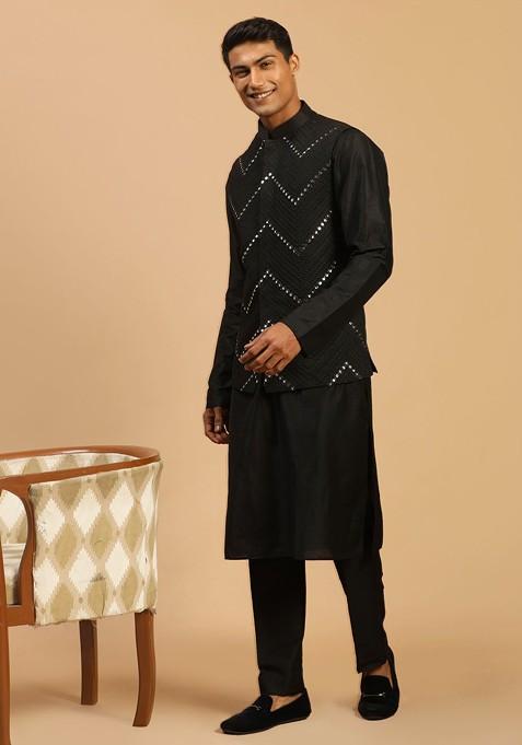Black Mirror Work Poly Blend Kurta Set For Men