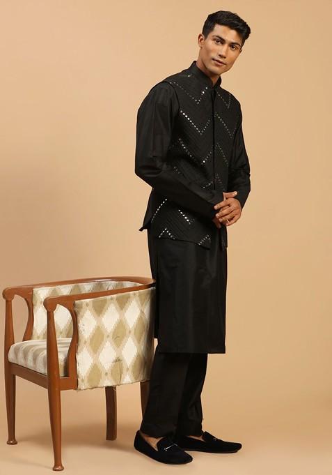 Black Mirror Work Poly Blend Kurta Set For Men