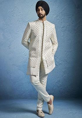 Cream Embroidered Poly Blend Indowestern Sherwani Set For Men