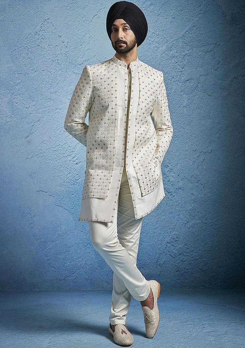 Cream Embroidered Poly Blend Indowestern Sherwani Set For Men