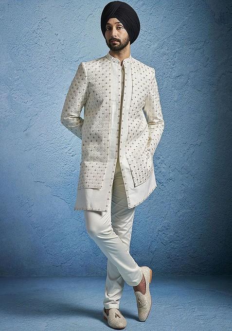 Cream Embroidered Poly Blend Indowestern Sherwani Set For Men — view on Indya