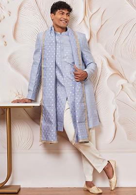 Blue Embroidered Poly Blend Indowestern Sherwani Set For Men
