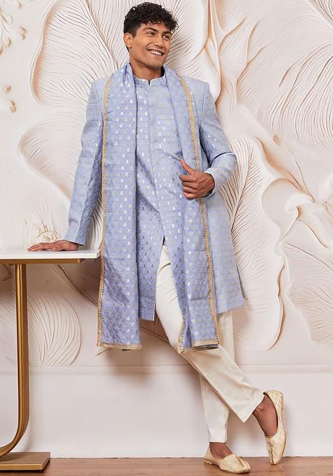 Blue Embroidered Poly Blend Indowestern Sherwani Set For Men — view on Indya