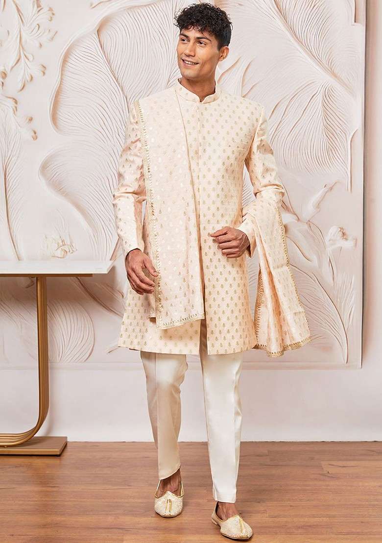 Peach Solid Poly Blend Indowestern Sherwani Set For Men - Indya
