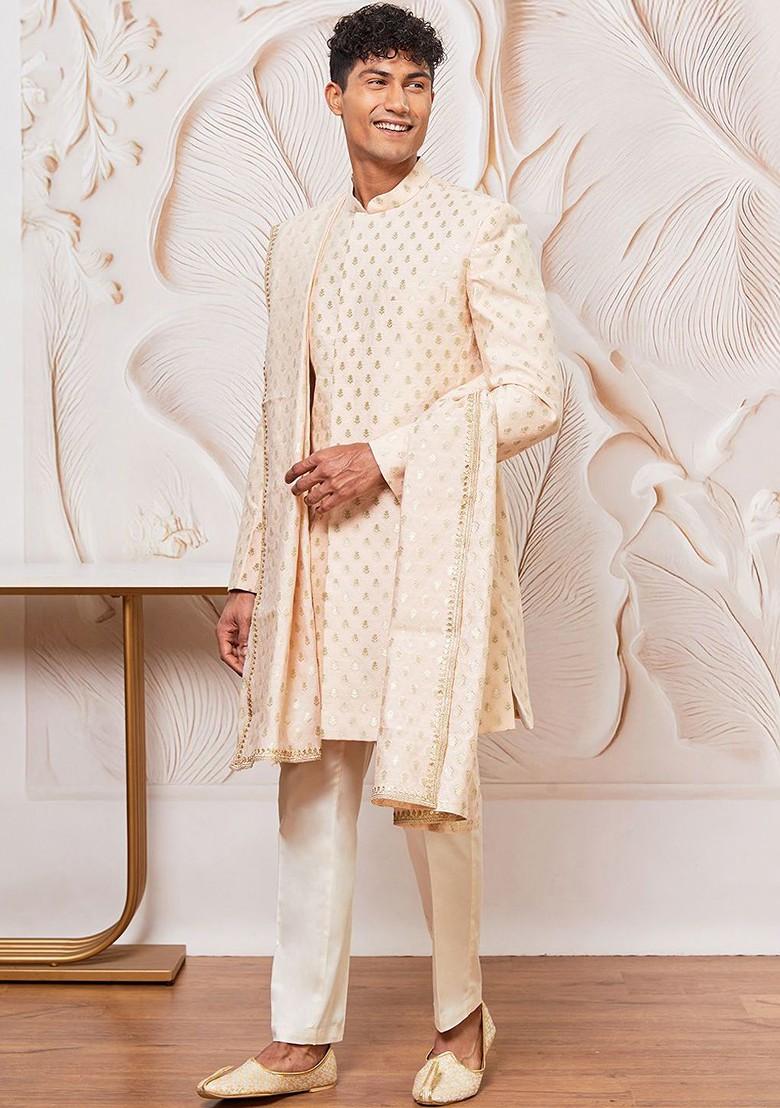 Peach Solid Poly Blend Indowestern Sherwani Set For Men