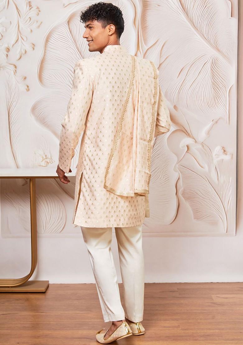 Peach Solid Poly Blend Indowestern Sherwani Set For Men