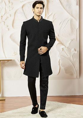 Black Solid Poly Blend Indowestern Sherwani Set For Men