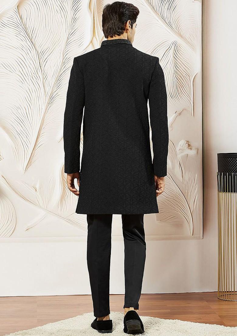 Black Solid Poly Blend Indowestern Sherwani Set For Men