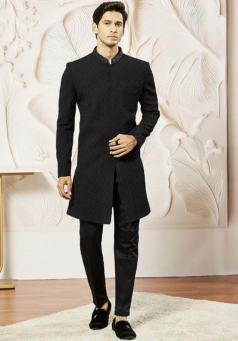 Black Solid Poly Blend Indowestern Sherwani Set For Men