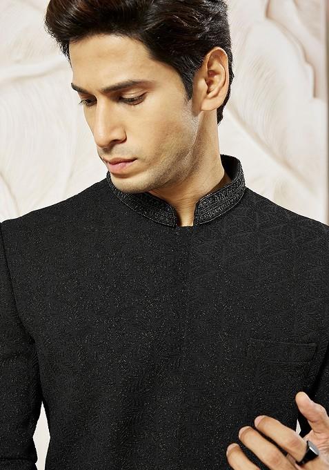 Black Solid Poly Blend Indowestern Sherwani Set For Men
