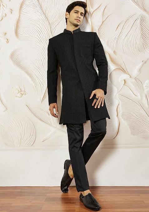Black Solid Poly Blend Indowestern Sherwani Set For Men