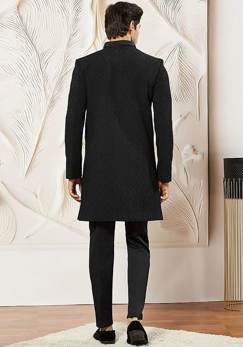 Black Solid Poly Blend Indowestern Sherwani Set For Men