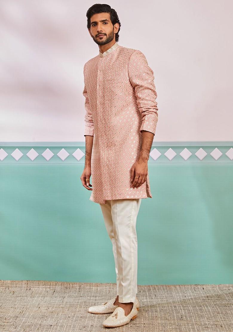 Peach Embroidered Poly Blend Indowestern Sherwani Set For Men