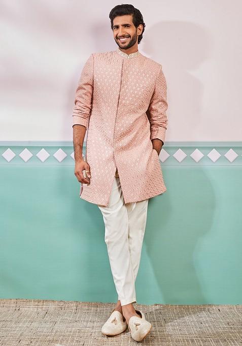 Peach Embroidered Poly Blend Indowestern Sherwani Set For Men