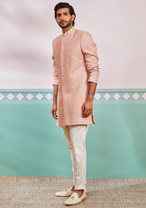 Peach Embroidered Poly Blend Indowestern Sherwani Set For Men
