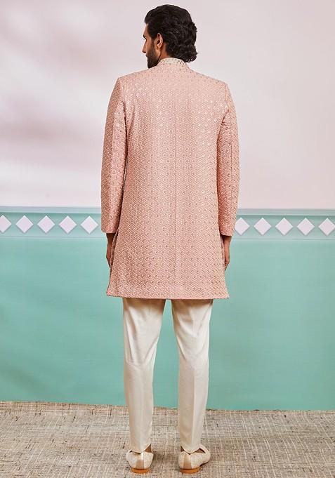 Peach Embroidered Poly Blend Indowestern Sherwani Set For Men