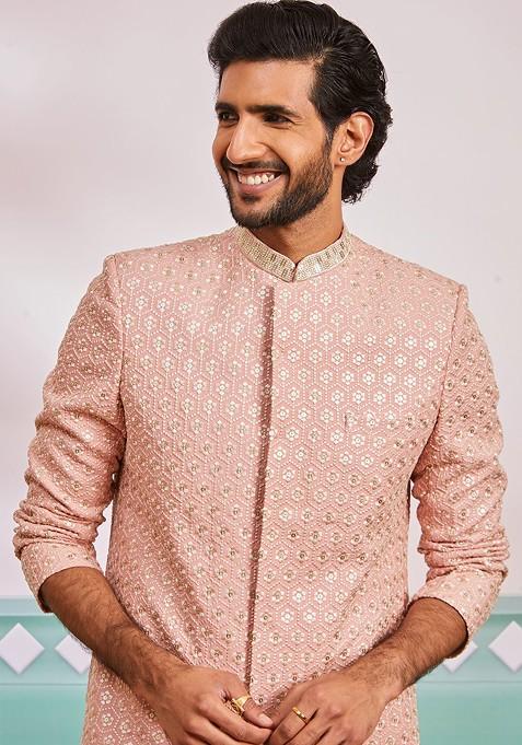 Peach Embroidered Poly Blend Indowestern Sherwani Set For Men