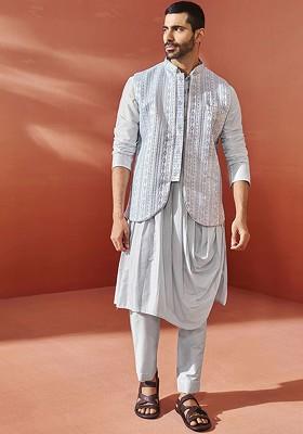 Blue Solid Poly Blend Kurta Set For Men