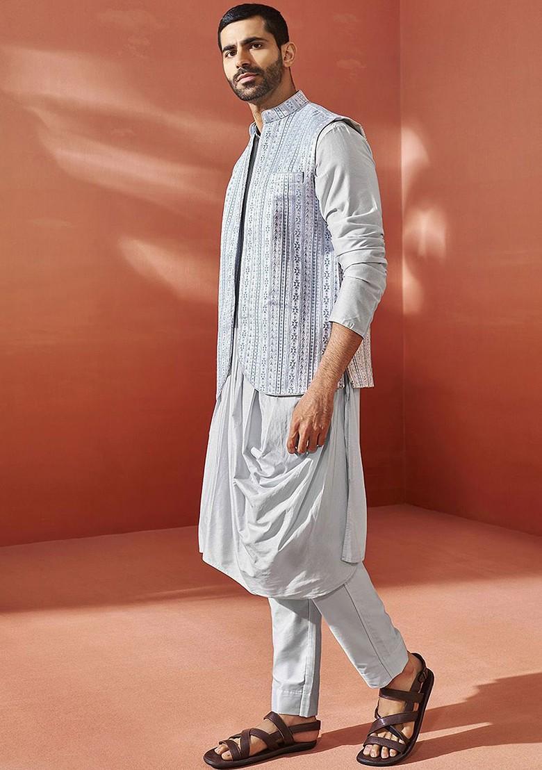 Blue Solid Poly Blend Kurta Set For Men