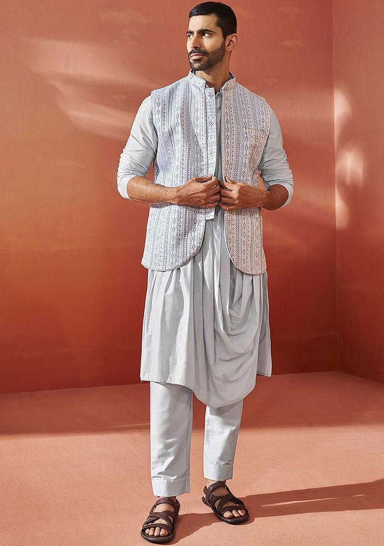Blue Solid Poly Blend Kurta Set For Men