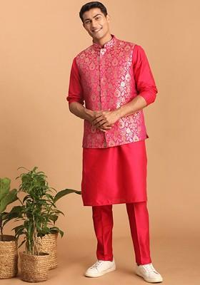 Pink Solid Poly Blend Kurta Set For Men