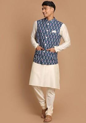 Cream Solid Poly Blend Kurta Set For Men