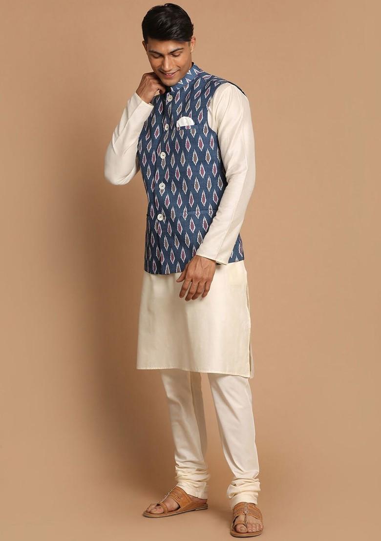 Cream Solid Poly Blend Kurta Set For Men