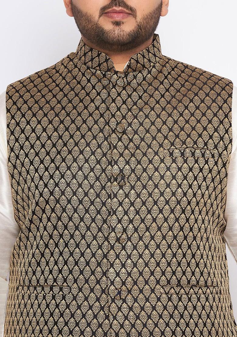 Cream Solid Poly Blend Kurta Set For Men