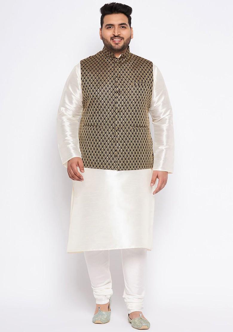 Cream Solid Poly Blend Kurta Set For Men