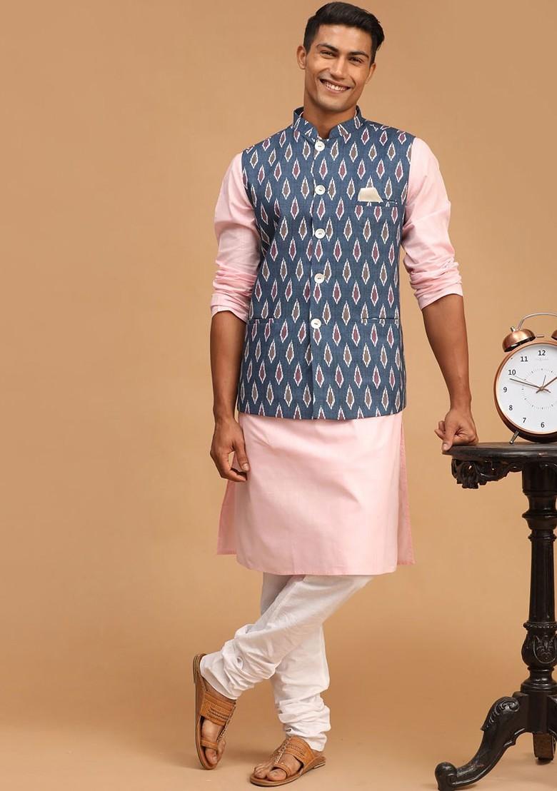 Pink Printed Poly Blend Kurta Set For Men