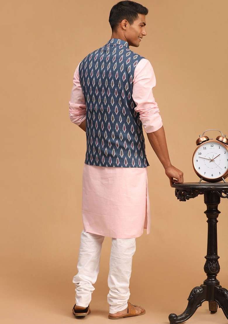 Pink Printed Poly Blend Kurta Set For Men - Indya