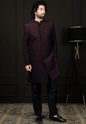 Burgundy Solid Poly Blend Indowestern Sherwani Set For Men