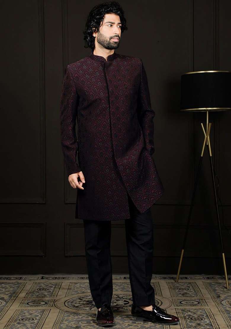 Burgundy Solid Poly Blend Indowestern Sherwani Set For Men - Indya