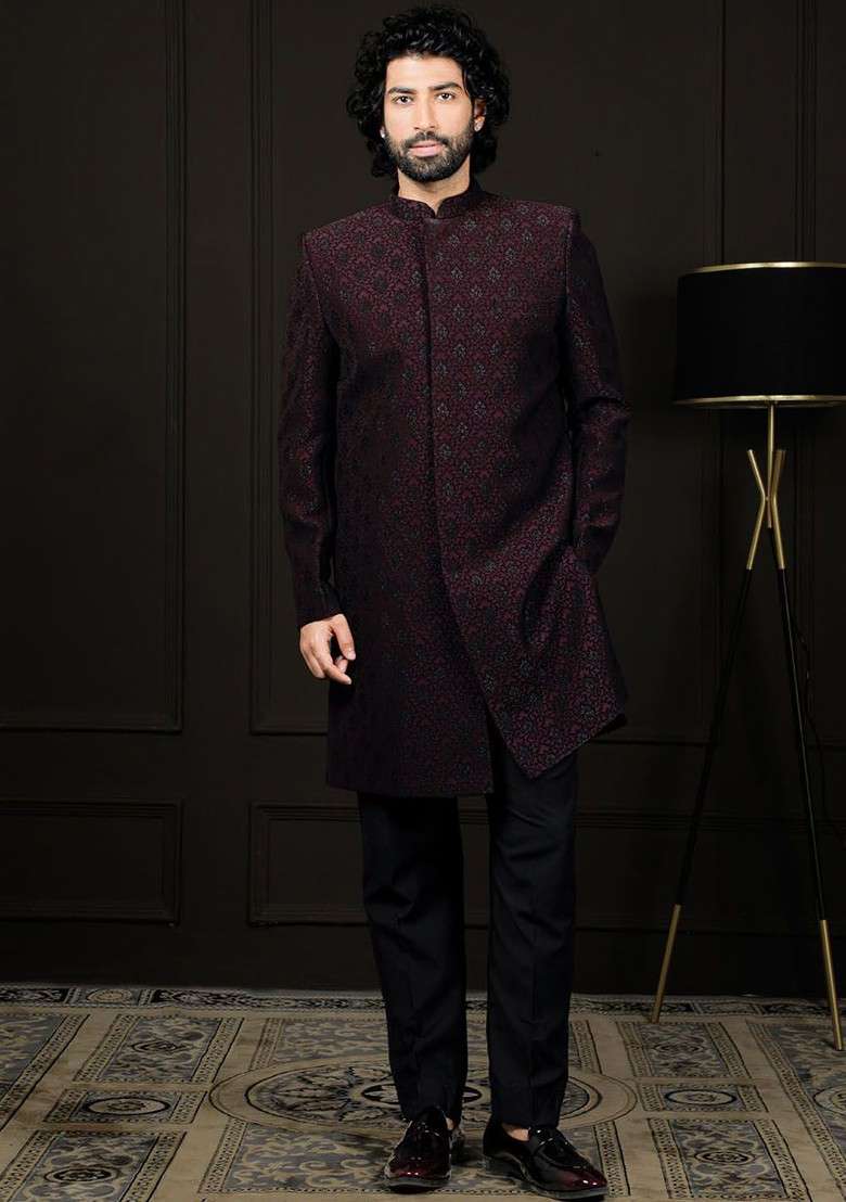 Burgundy Solid Poly Blend Indowestern Sherwani Set For Men - Indya